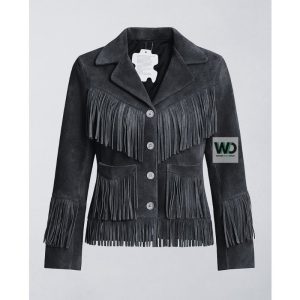 black suede fringe cowgirl jacket women front view