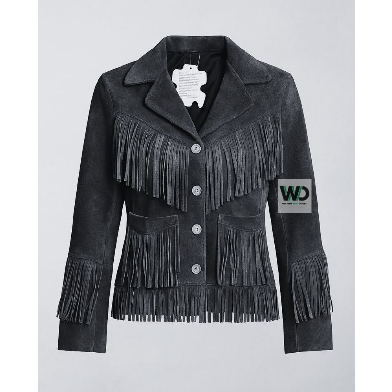 black suede fringe cowgirl jacket women front view