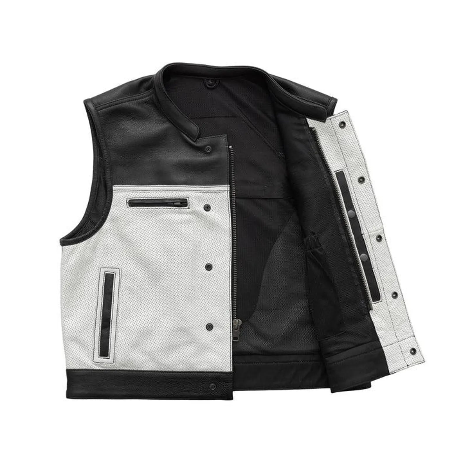 Black and White Leather Biker Vest – Club Style Motorcycle Riding Vest