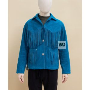 Blue suede fringe jacket women western cowgirl coat front view