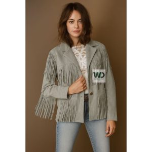 Gray suede fringe jacket women western cowgirl coat front view