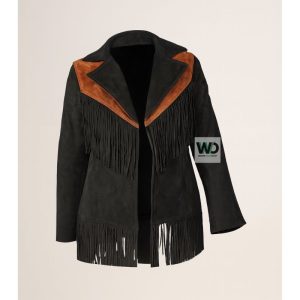 Handmade Cowgirl Black Leather Jacket with Fringe BJF06 Front View