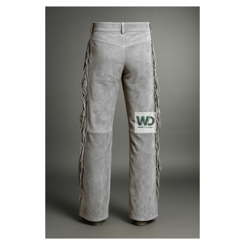 Western Gray Suede Leather Fringes Pant MSP20G Back view