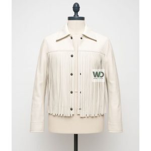 White leather fringe jacket women western cowgirl coat front view
