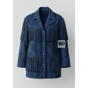 Women’s blue fringe suede jacket western cowgirl style front view