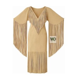 Beige fringe western maxi dress long tassel front view