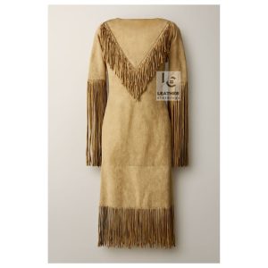 beige suede fringe maxi dress western style women