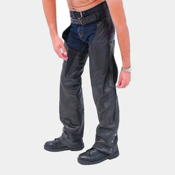 black leather motorcycle chaps full zip leg riding