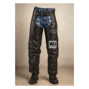 Front: black leather motorcycle chaps utility pocket riding