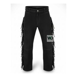 Black suede fringe pants with lace-up waist western style front view