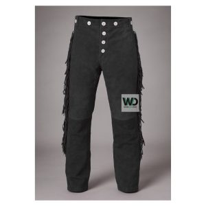 Black suede fringe pants with white button fly western style front view