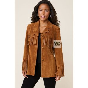 Brown suede fringe jacket women boho western style front view