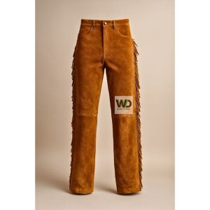 Brown suede western fringe pants five pocket style front view