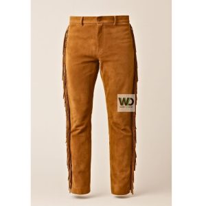 Brown suede fringe western pants straight cut front view