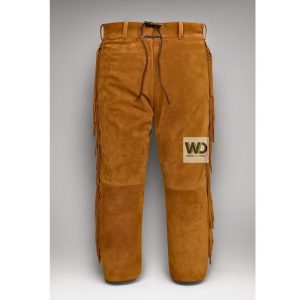 Brown suede fringe pants with lace-up back western style front view