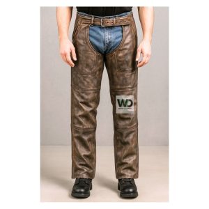 brown waxed leather riding chaps rugged fit
