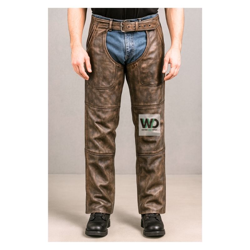 brown waxed leather riding chaps rugged fit