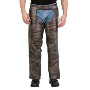 Distressed brown leather motorcycle chaps with reinforced panels front view