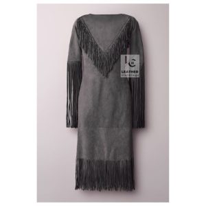 gray suede fringe maxi dress western style women