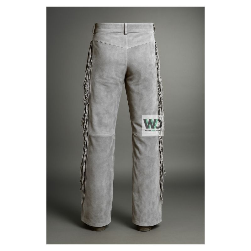 Back view of gray suede western pants with side fringe detail