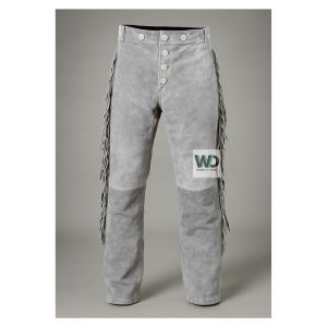Gray suede fringe pants with button fly western style front view