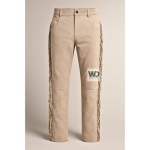 Men’s beige suede fringe pants five pocket western style front view