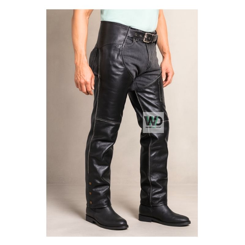 mens black leather motorcycle chaps riding fit