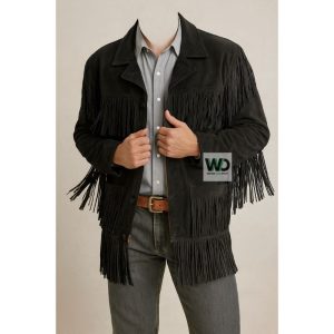 Mens black suede fringe jacket boho style long tassels front view