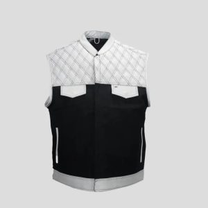 Black and white leather vest men quilted yoke front view