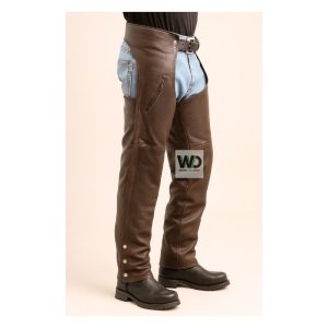 mens brown leather chaps zip pocket riding