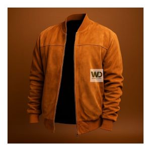 Mens brown suede bomber jacket classic style front view