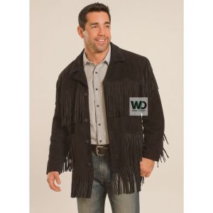 Mens brown suede fringe jacket long western coat front view