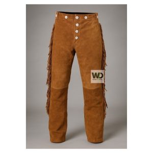 Brown suede fringe pants men western style front view