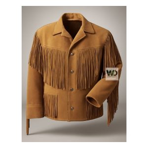 Mens tan suede western fringe jacket cowboy style front view