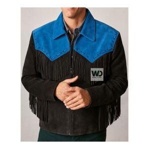 Mens cowboy fringe jacket two tone blue yoke front view
