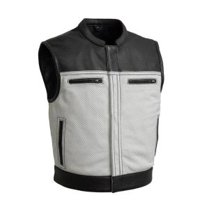 Mens leather biker vest two tone motorcycle riding front view
