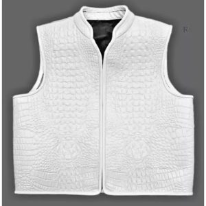 White leather biker vest men alligator embossed front zip view