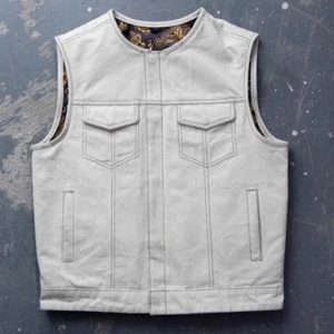 White leather biker vest men snap front clean design front view