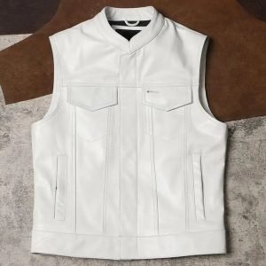 White leather biker vest men mandarin collar front view