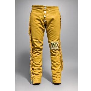 Mustard suede fringe pants with button fly western style front view