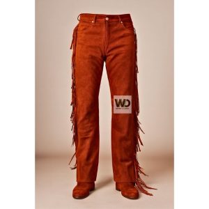 Rust brown suede fringe pants with long side tassels western style front view