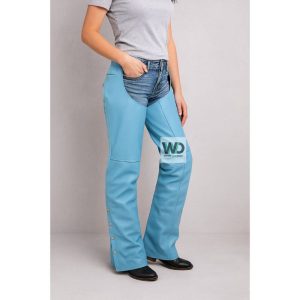 Front: womens blue leather chaps buttoned leg riding