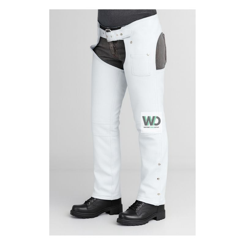 womens white leather biker chaps utility pocket riding