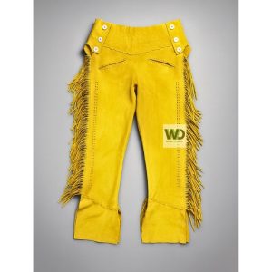 Yellow suede fringe pants western style with side fringe front view